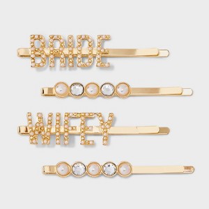 Bride and "Wifey" Pearl and Rhinestone Hair Clip Set 4pc - Gold - 1 of 3