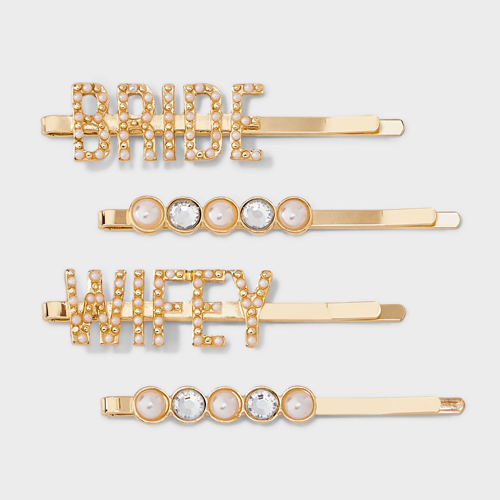 Bride and "Wifey" Pearl and Rhinestone Hair Clip Set 4pc - Gold