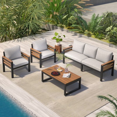 Whisen 4-Piece Outdoor Furniture Sofa Set, Patio Conversation Set with Removable Cushion and Solid Wood Coffee Table
