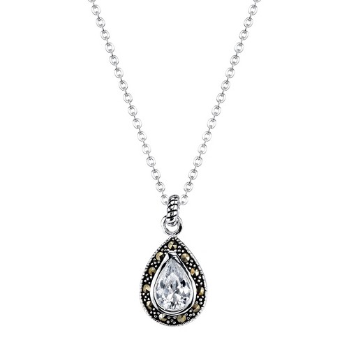 'Silver Plated Marcasite and Crystal Pendant - 19'''
