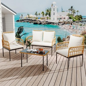 4-Piece Outdoor Patio Furniture Set with Table, Chaise Lounge & 2 Cushioned Armchairs, Rattan Balcony Set for Porch, Lawn, Poolside & Deck - 1 of 4