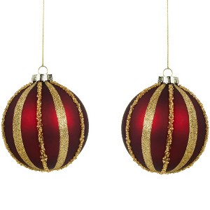Northlight Set of 2 Burgundy and Gold Striped Beaded Christmas Glass Ball Ornaments 4" - 1 of 4
