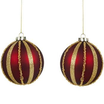 Northlight Set of 2 Burgundy and Gold Striped Beaded Christmas Glass Ball Ornaments 4"