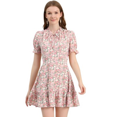 Allegra K Women's Summer Chiffon Ruffle Tie Neck Puff Short Sleeve Floral Dress