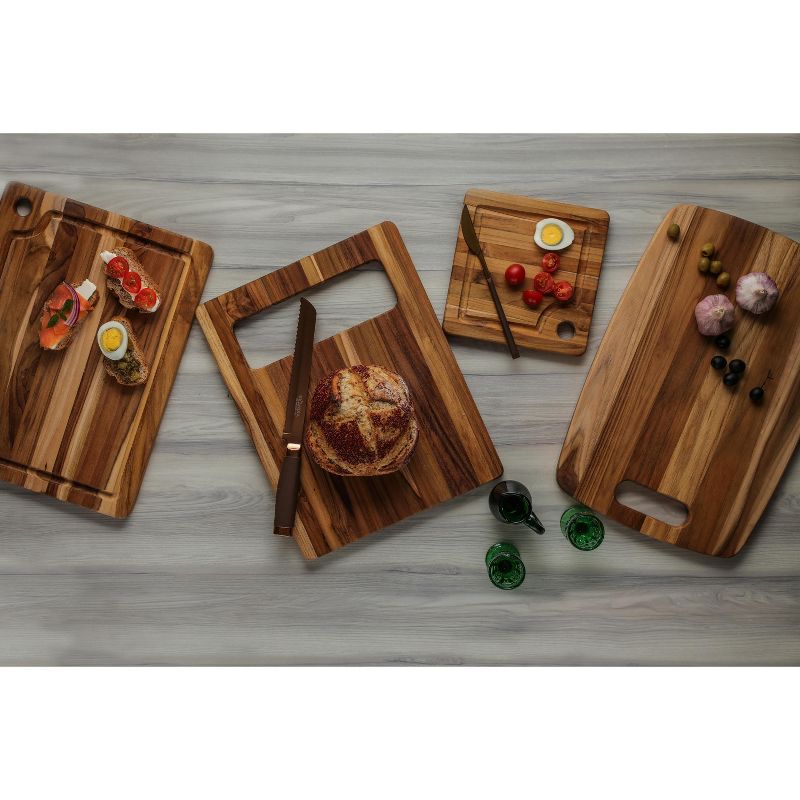 TeakHaus Marine Collection Edge Grain Teak 16x12 Inch Rectangle Cutting Board with Juice Canal and Corner Hanging Hole, 3 of 4