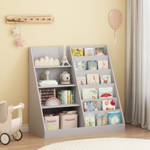 SEVOBAL Decorative Bookshelf Multifunctional 4 Tier Wooden Kids Book Shelf with Toy Storage Organizer for Playroom, Gray, 34.65"*15.75"*33.47" - 1 of 4