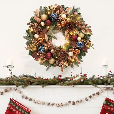 GAOMON 24 Inch Pre-Lit Christmas Wreaths for Front Door, Battery Operated Christmas Wreath Decor, Holiday Xmas Wreath with Lights