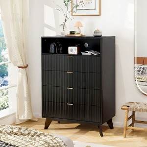 43 Inch Tall Fluted 4-Drawer Chest with Open Shelf, Modern Wooden Storage Cabinet for Bedroom, Living Room, Entryway - 1 of 4