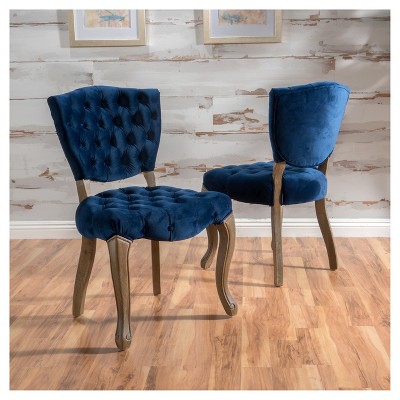 Navy Blue Velvet Upholstered Dining Side Chairs with Natural Rubberwood Legs
