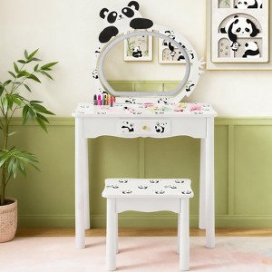 Angel Sar Panda Kids Vanity Set with LED Mirror, White MDF Children's Vanity Desk with Stool, 1-Drawer Makeup Table with Touch Light for Girls - 1 of 4