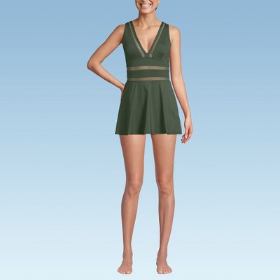 Lands' End Women's Mesh V-neck Mini Swim Dress Swimsuit