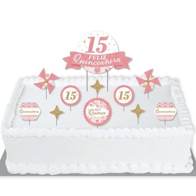 Big Dot of Happiness Mis Quince Anos - Quinceanera Sweet 15 Birthday Party Cake Decorating Kit - Feliz Quinceanera Cake Topper Set - 11 Pieces