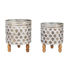 Evergreen Embossed Metal Planter with Wood Legs, Set of 2 - 1 of 4
