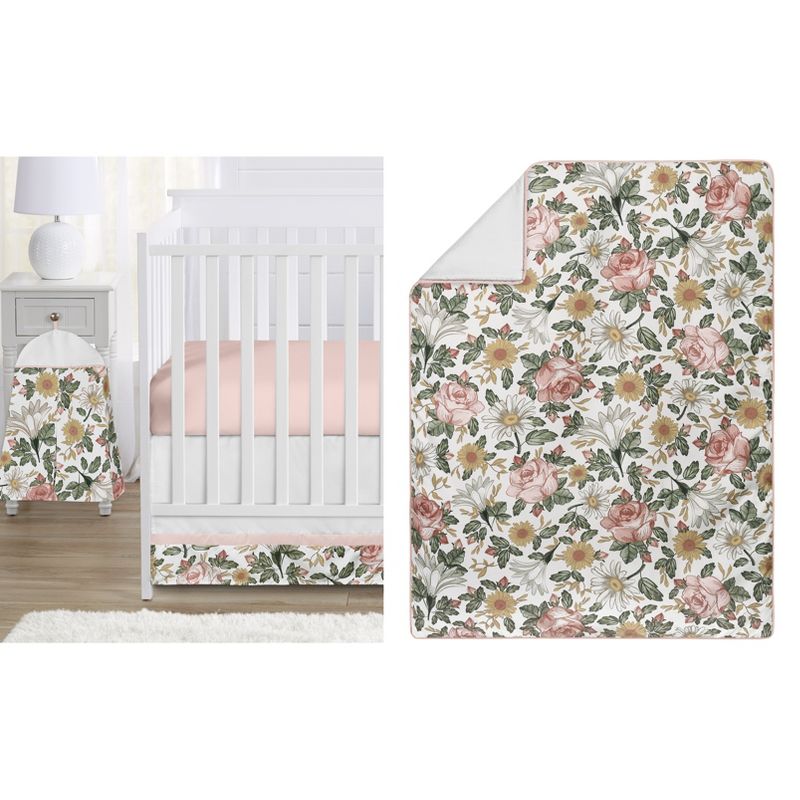 Sweet Jojo Designs Girl Baby Crib Bedding Set - Vintage Floral Pink Green Yellow 5pc, 1 of 7
