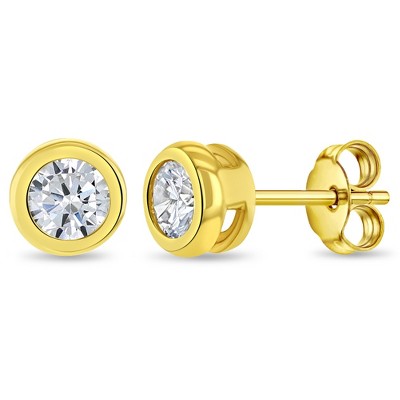 Girls' Sparkling Clear CZ Bezel Set Screw Back 14k Gold Earrings - In Season Jewelry