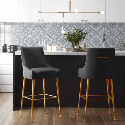 Beatrix Black Velvet Counter Stool with Gold Stainless Steel Legs