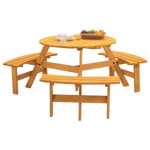Dexmalle 6-person Round Wooden Picnic Table Outdoor Table w/ Umbrella Hole & Benches - 1 of 4