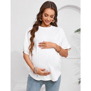 Women's Maternity Summer Shirts Casual Loose Fit Rib Short Sleeve Top Round Neck Long T-Shirt Blouses - 1 of 4