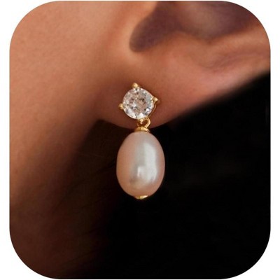 Pearl Earrings: 14k Gold-plated Cubic Zirconia Accented Pearl Drop Dangle Wedding Engagement Earrings For Women Bridal Bridesmaid