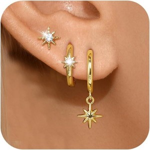 14K Gold Huggie Hoop Earrings Set for Women | 3-Pair Small Hoop Stack, Hypoallergenic Cartilage Earrings with Trendy Ear Cuff - 1 of 4