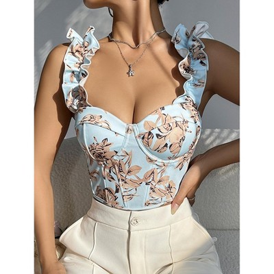 YESFASHION Floral Tanks For Women Lace-up Shoulder Straps With Chest Pad Vocation Summer Strappy Corset