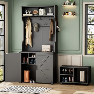 TIRAMISUBEST Elegant Wide Hall Tree with 5 Hooks, Versatile Entryway Lift Top Storage Bench with 2 Drawers, Retro 3-in-1 Coat Rack with Black Handles - 1 of 4