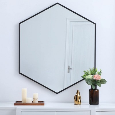 Contemporary Black Wood and Silver Metal Hexagon Mirror 38"