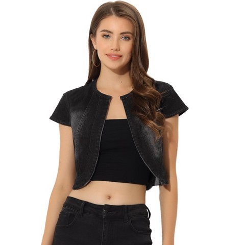 INSPIRE CHIC Women's Cap Sleeve Slim Fit Summer Open Front Crop Denim Jacket Small Black