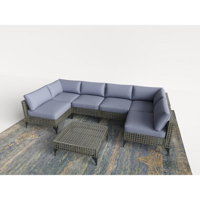 Cesicia 7-Piece Gray Sofa Set, Garden Patio Wicker Sectional Sofa Set with Coffee Table for Backyard, Balcony