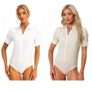Allegra K Women's Office Button Down One-Piece Short Sleeve Bodysuit Work Shirt 2 Packs - 1 of 4