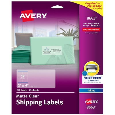 Avery Matte Clear Shipping Labels Sure Feed Technology Inkjet 2" x 4" 250 Labels (8663)