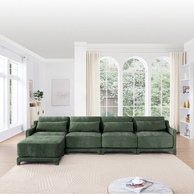Modular Sectional Sofa, 4-Seater Chenille Fabric Couch with Ottoman, High-Resilience Foam and Wood Frame – Cuddlewood