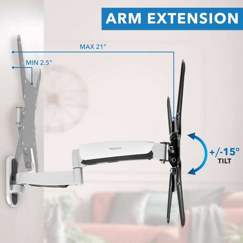 Mount-It! Height Adjustable TV Wall Mount Bracket with Counterbalance Gas Spring Arm, Full Motion Articulating Design Fits Up to VESA 400x400 mm, 5 of 9