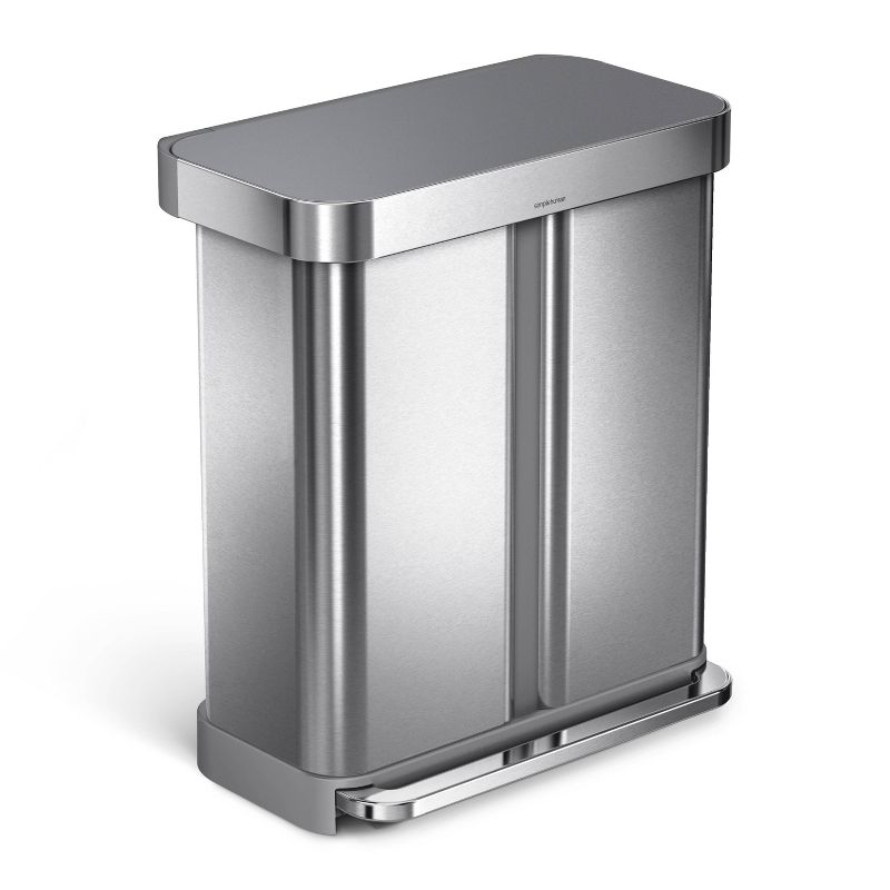 simplehuman Rectangular 58L Dual Compartment Step Trash Can with Plastic Lid Brushed Stainless Steel, 1 of 6