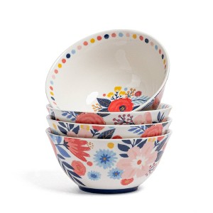 over&back Set of 4 Jess Phoenix Hand-Finished Stoneware Cereal Bowls with In-Glaze Floral Decal: Microwave & Dishwasher Safe, 24 oz Capacity - 1 of 4