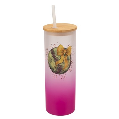 Elanze Designs 25 Ounce Frosted Glass Gradient Travel Tumbler With Straw and Wooden Lid, Softball Red Paint Splatter Pink