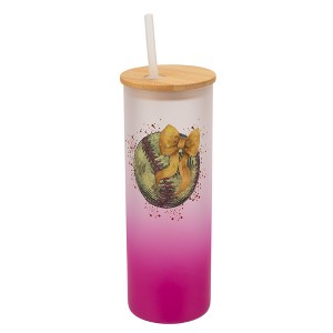Elanze Designs 25 Ounce Frosted Glass Gradient Travel Tumbler With Straw and Wooden Lid, Softball Red Paint Splatter Pink - 1 of 1