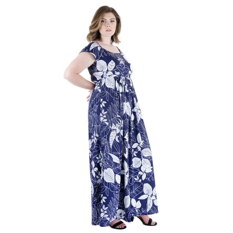 24seven Comfort Apparel Navy Print Pleated Empire Waist Plus Size Maxi Dress, 2 of 5