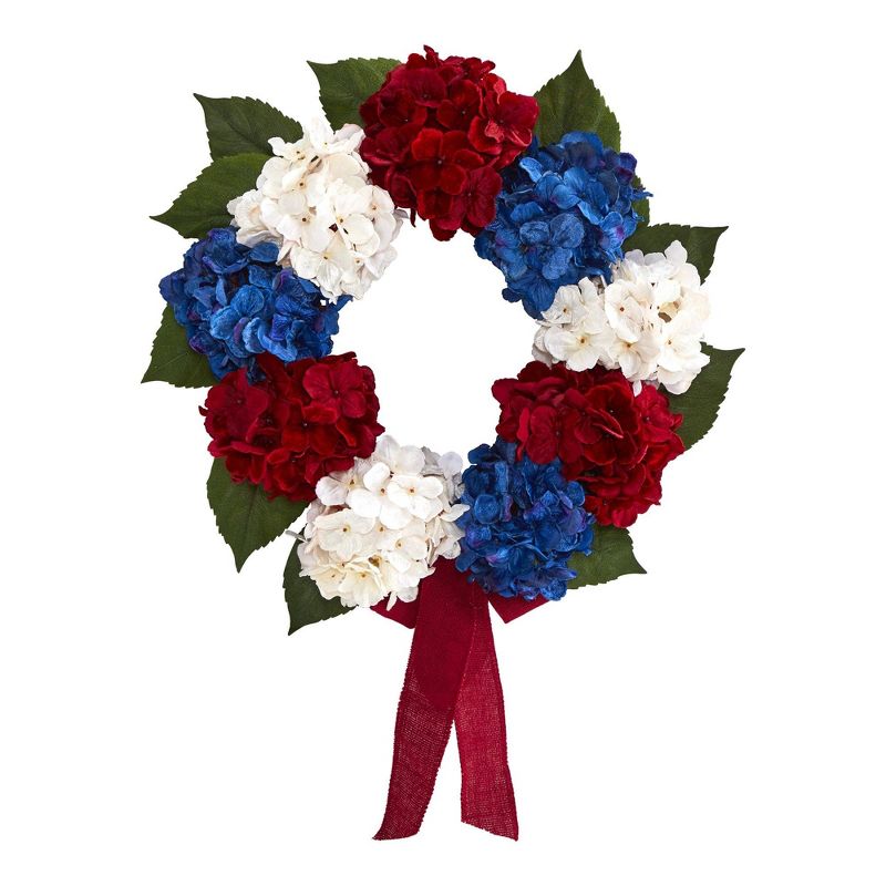 Nearly Natural 24” Red, White and Blue “Americana” Hydrangea Artificial Wreath, 1 of 4