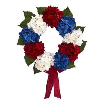 Nearly Natural 24” Red, White and Blue “Americana” Hydrangea Artificial Wreath