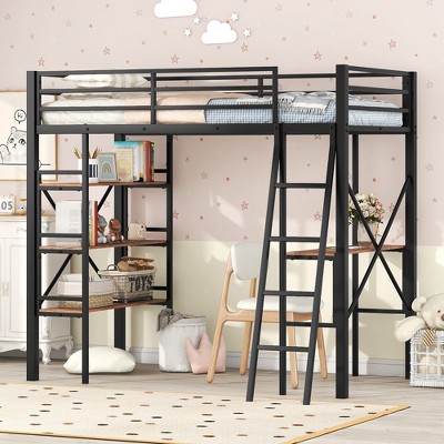 Twin Size Metal Loft Bed with Shelves and Desk for Bedroom