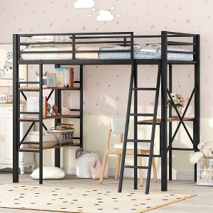 Twin Size Metal Loft Bed with Shelves and Desk for Bedroom - 1 of 4