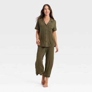 Women's Cloud Knit Short Sleeve Notch Collar Top and Cropped Pants Pajama Set - Auden™ - 1 of 4