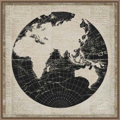 World News Map II Navy Canvas Print with Bronze Frame