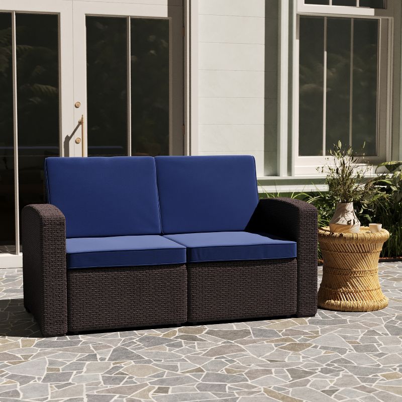 Merrick Lane Outdoor Furniture Resin Loveseat Faux Rattan Wicker Pattern 2-Seat Loveseat With All-Weather Cushions, 2 of 11
