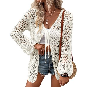 Women's Crochet Cardigan Light Weight Long Sleeve Tie Front Hollow Out Thin Cardigan - 1 of 4
