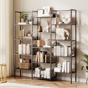 5-Tier Triple-Column Bookcase, 14 Adjustable Shelves, 100LB/Shelf, Steel Frame & Particle Board (Black/Brown) - 1 of 4
