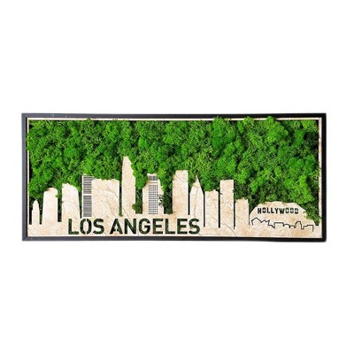 Sevobal Wall Art Los Angeles Skyline Moss Metal Decor Fusing Urban Flair With Organic Warmth For Urban Spaces, Green, 36.3"*18"*4"
