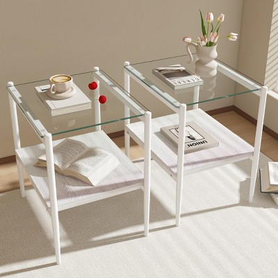 Set of 2 Modern Rectangle Side Tables, Tempered Glass Top with MDF Layer and Iron Frame, End Tables for Living Room or Bedroom – Cuddlewood