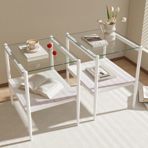 Set of 2 Rectangle End Table, Modern Table Tempered Glass Tabletop with MDF layer, Coffee Table Sets Glass-Cuddlewood - 1 of 4
